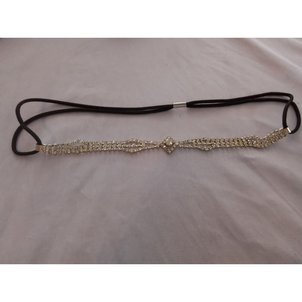 Vintage Crystal Rhinestone Hairband With Elastic Dual Band & Metal Accent